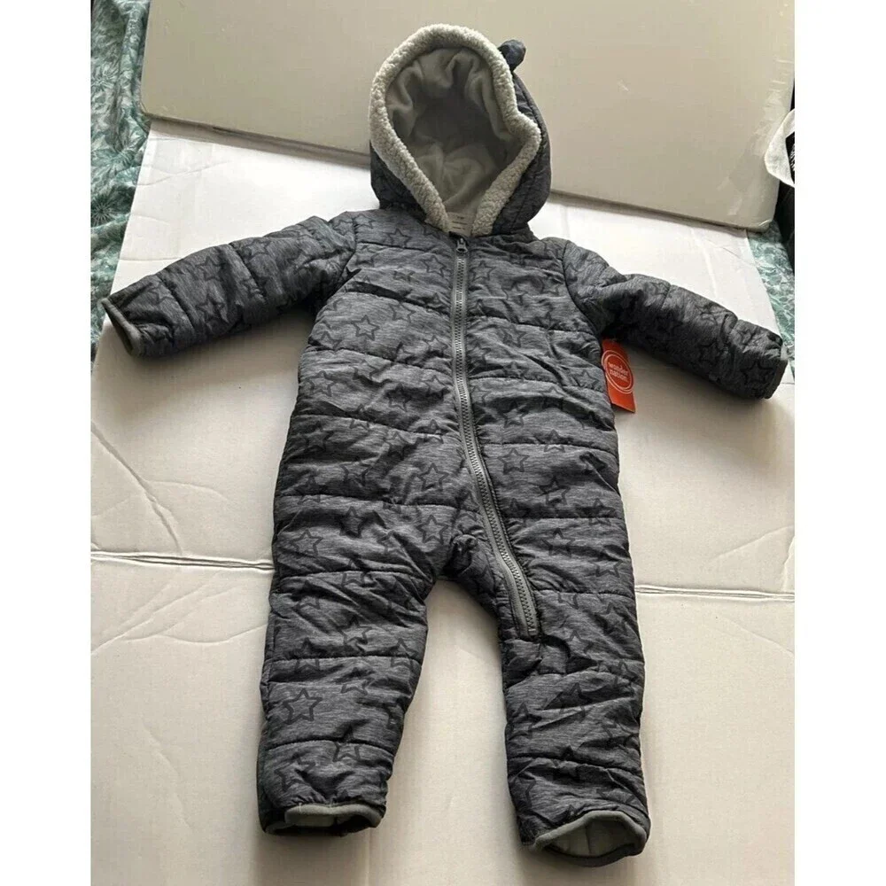 Wonder Nation Lined Baby Puffer Snowsuit One Piece Gray With Stars Size 6-9M NWT